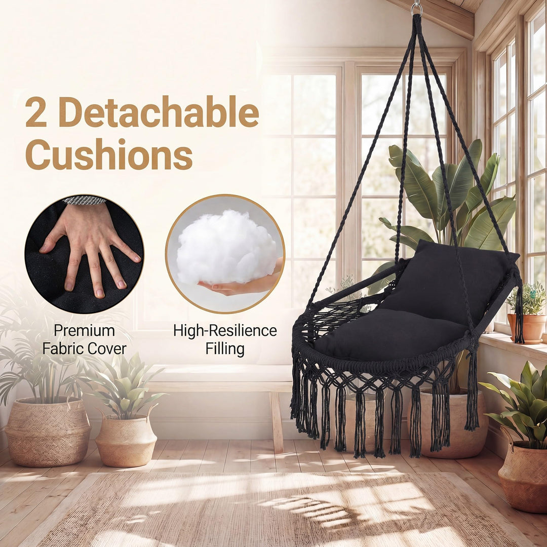 Giantex Macrame Hammock Chair w/Removable Cushions &amp; Sturdy Metal Ring