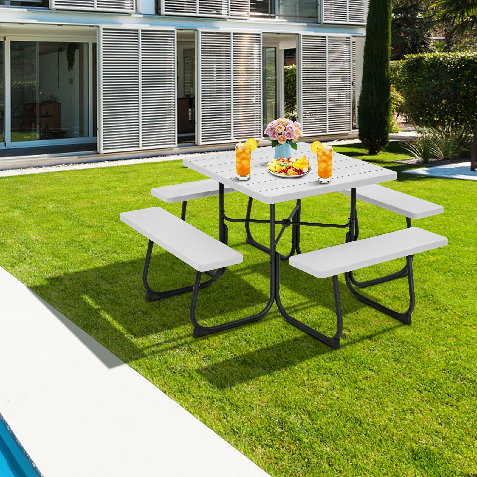 Giantex Picnic Table Set for 4-8 Persons, Outdoor Table and Bench Set with Umbrella Hole, HDPE Top & Metal Frame