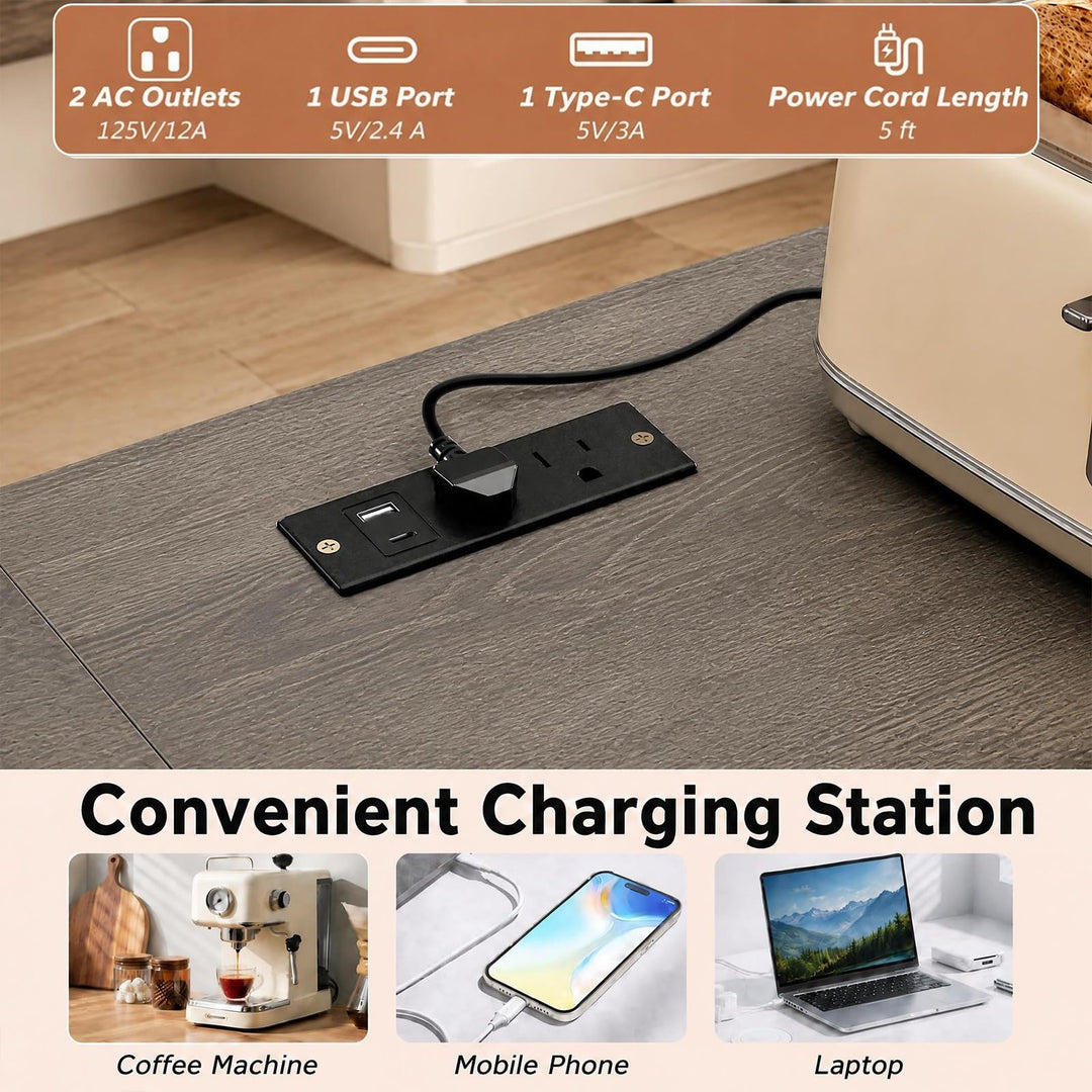 3-Piece Convertible L-Shaped Kitchen Table Chair Set with 2 AC Outlets  USB Port and Type-C Port