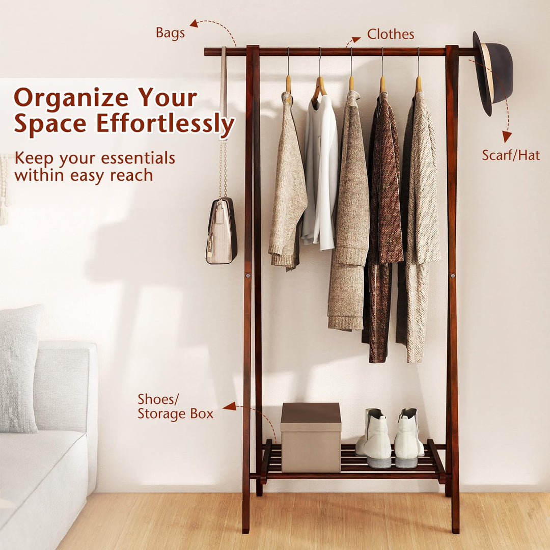 Giantex Folding Rubber Wood Clothes Hanging Rack Standing Garment Rack with Bottom Storage Shelf