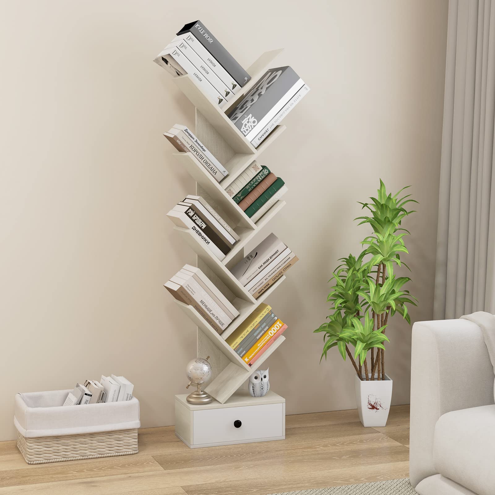 Giantex 10-Tier Tree Bookshelf with Drawer - 59" Freestanding Space Saving Wooden Bookcase
