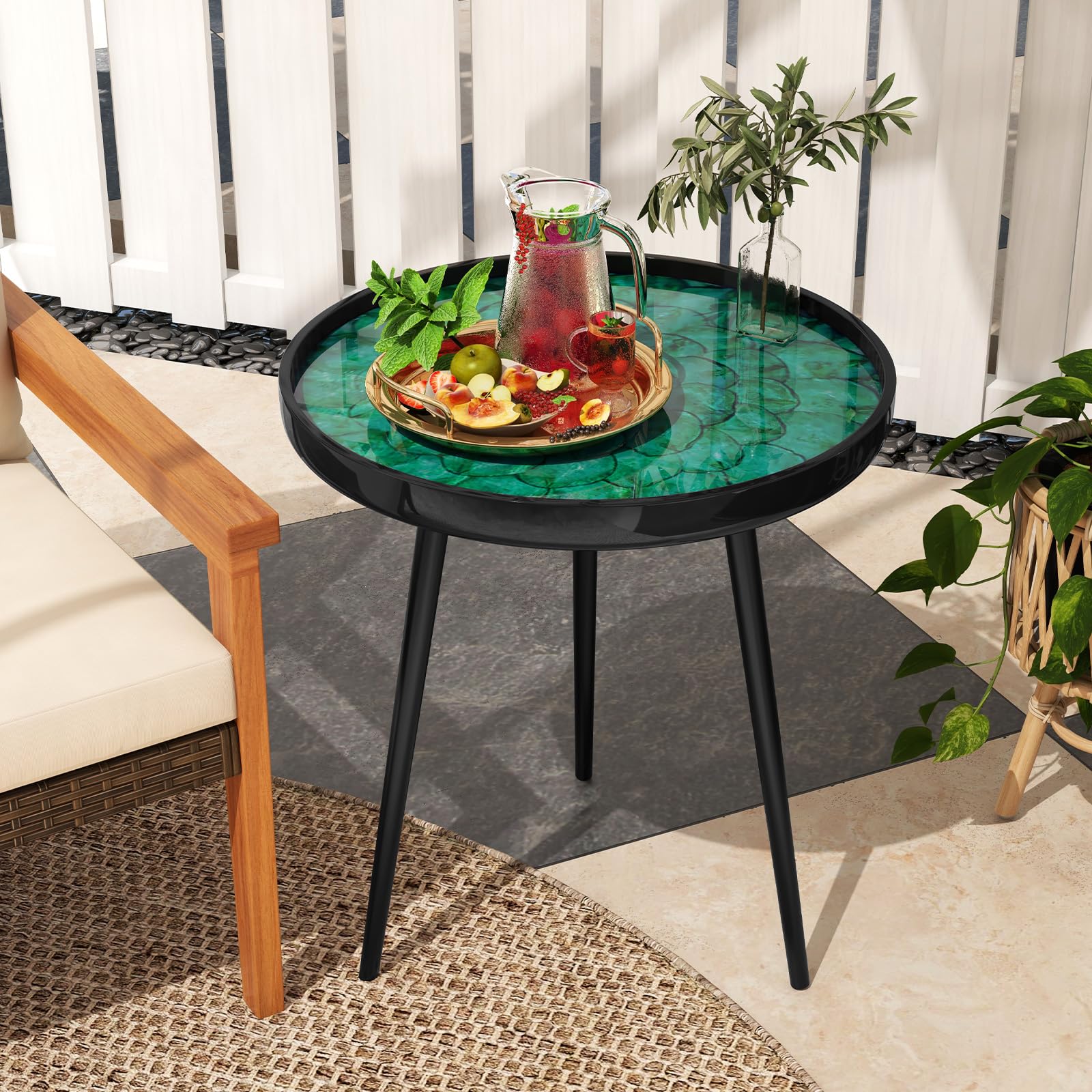 Giantex Outdoor Side Table, Round End Table with Epoxy Resin Finish