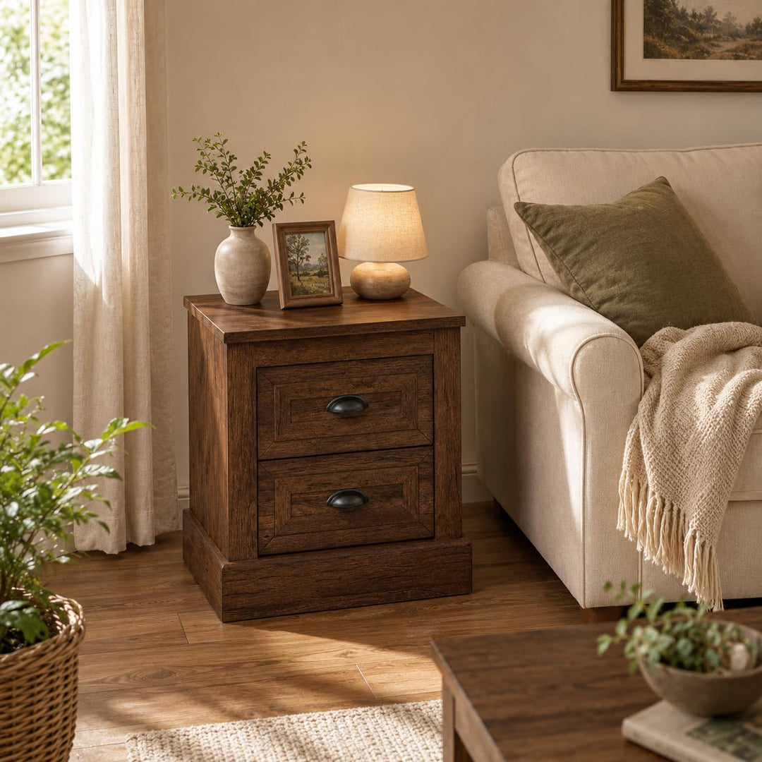 GIANTEX Farmhouse Nightstand With 2 Storage Drawers For Bedroom