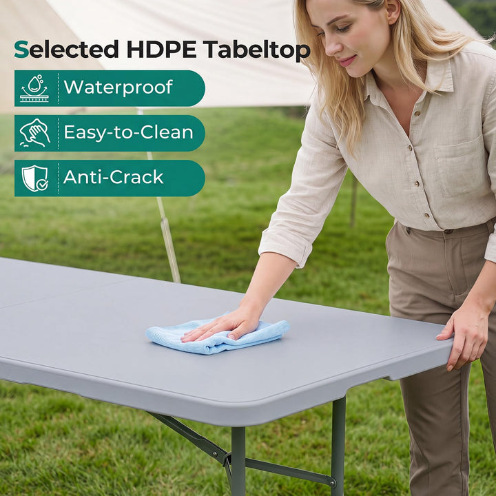 Giantex 8FT Folding Table | Heavy Duty Fold-in-Half Portable HDPE Plastic Table with Handle &amp; Locks
