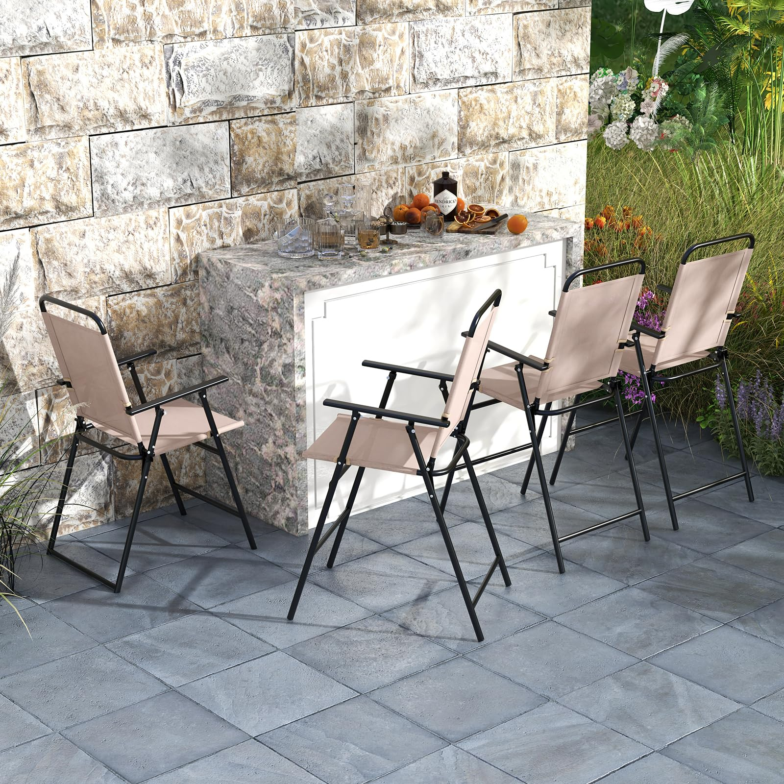 Giantex Outdoor Folding Bar Chair Set of 2, Bar-Height Patio Chairs with Backrest, Armrests, Footrest