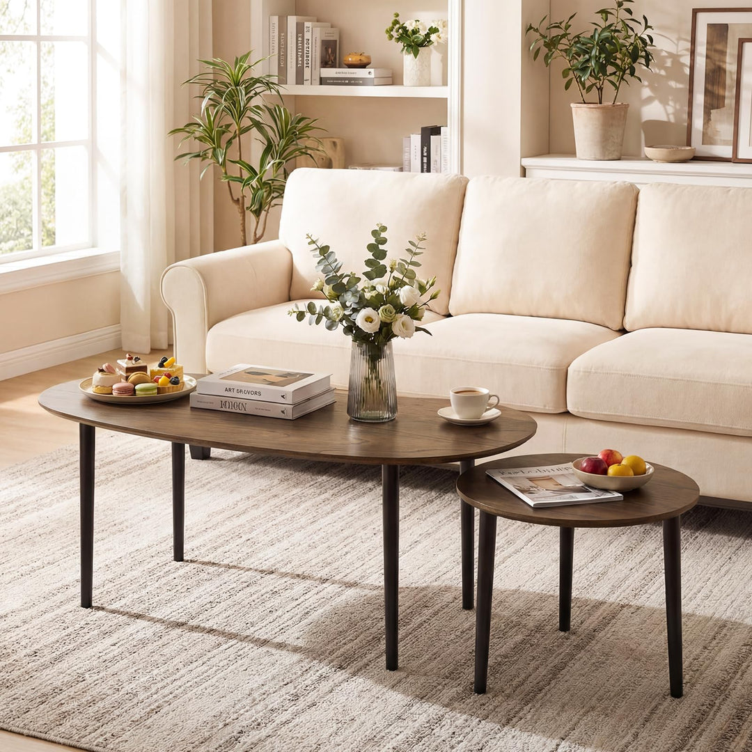 Giantex Nesting Tables Set of 2 | Mid Century Modern Coffee Tables with Solid Wood Support Legs