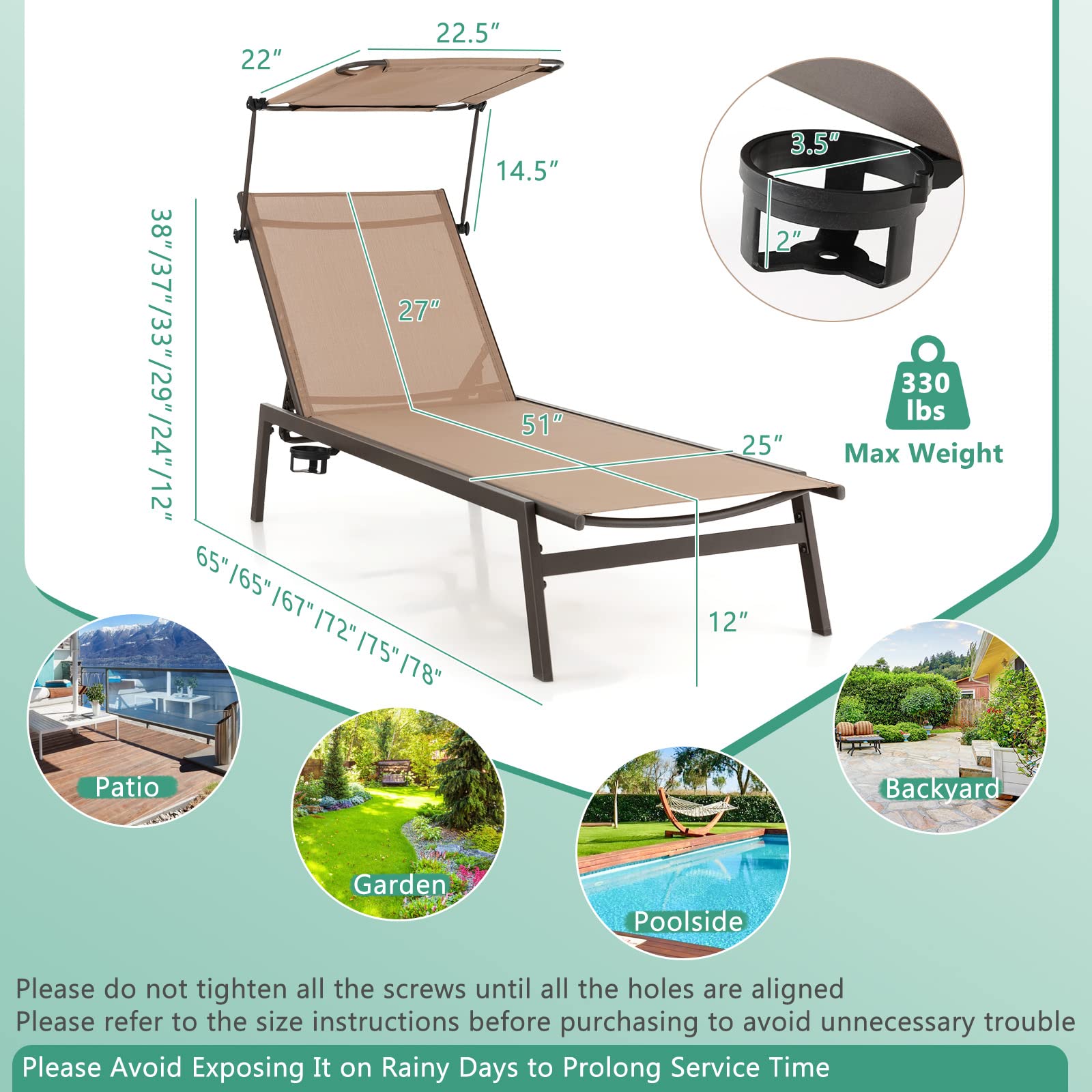 Outdoor Chaise Lounge Chair- Tanning Chair with Sunshade - Giantex