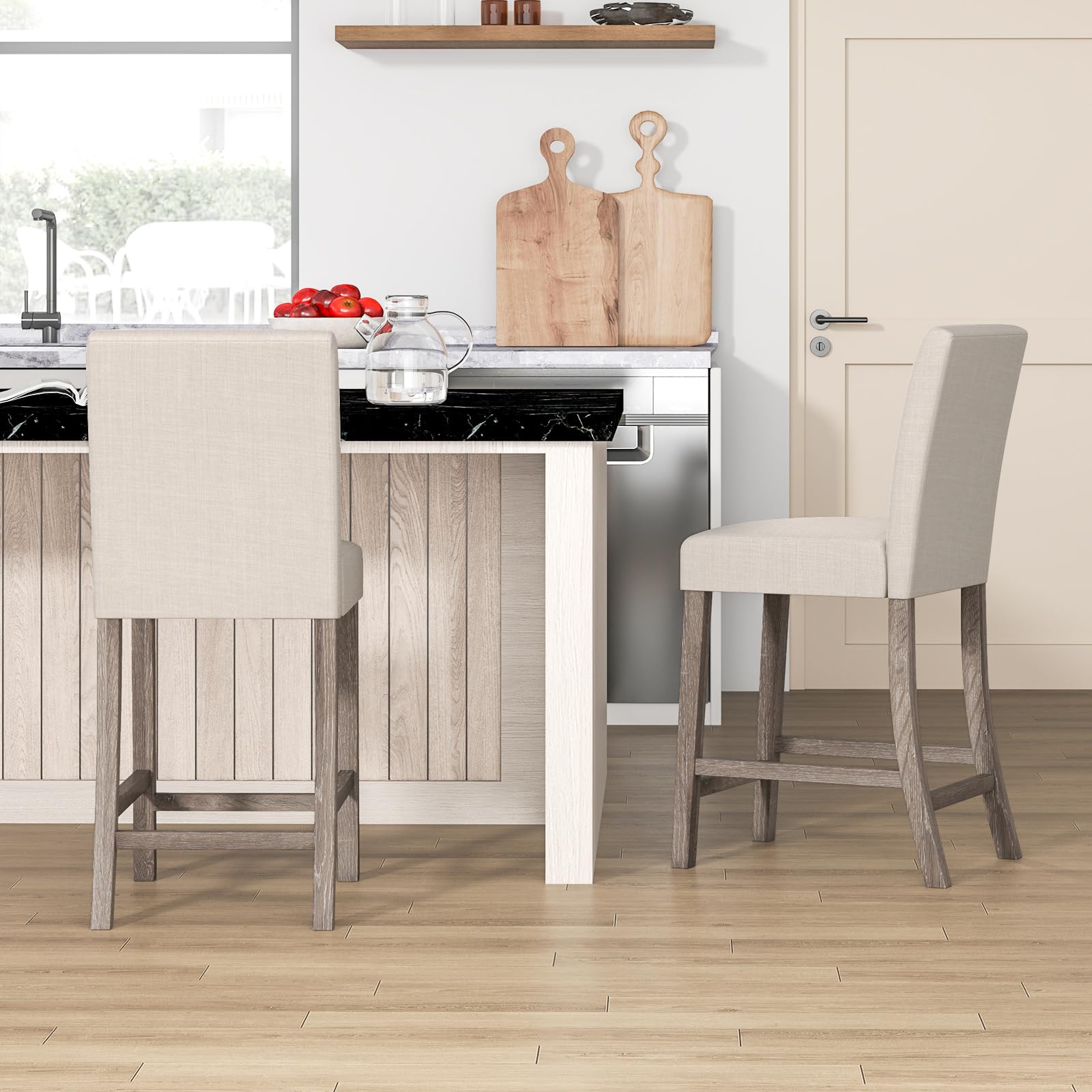 Giantex Bar Stools Counter Height, 24.5" Modern Fabric Bar Chairs with Back, Footrest & Solid Wood Legs