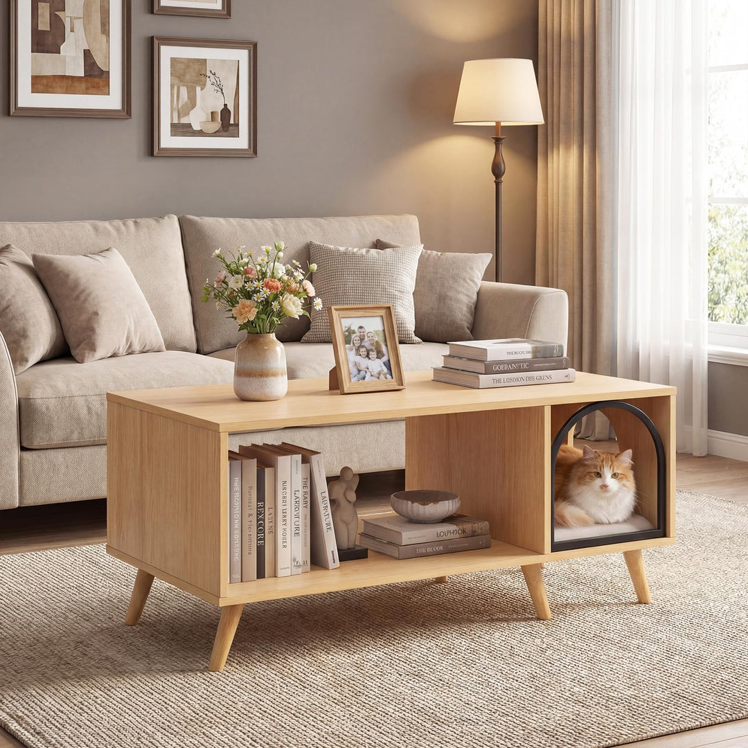 Giantex 2 in 1 Coffee Table with Cat House for Entryway Home