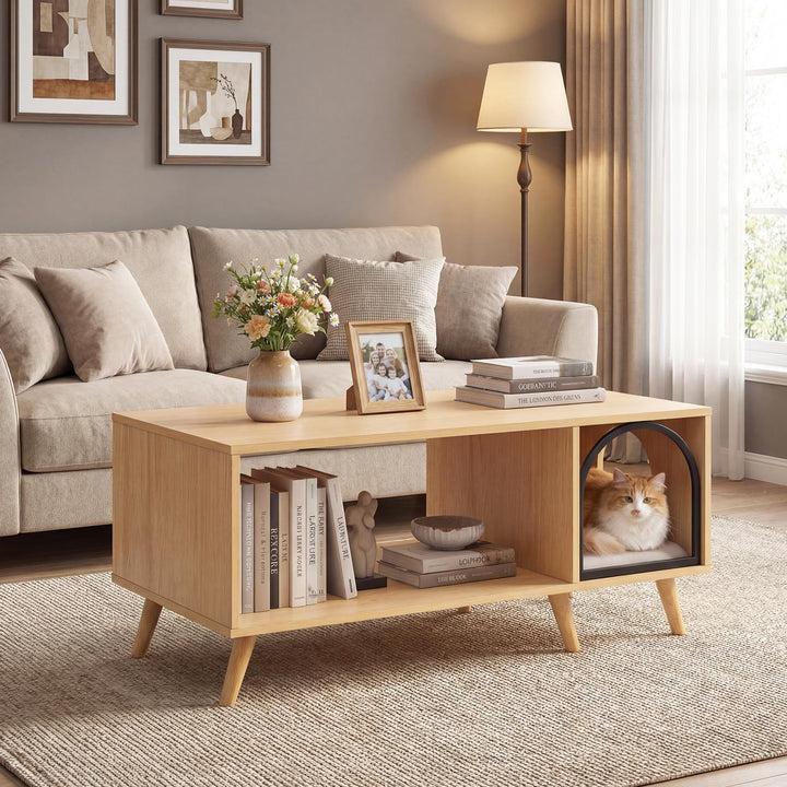 Giantex 2 in 1 Coffee Table with Cat House for Entryway Home