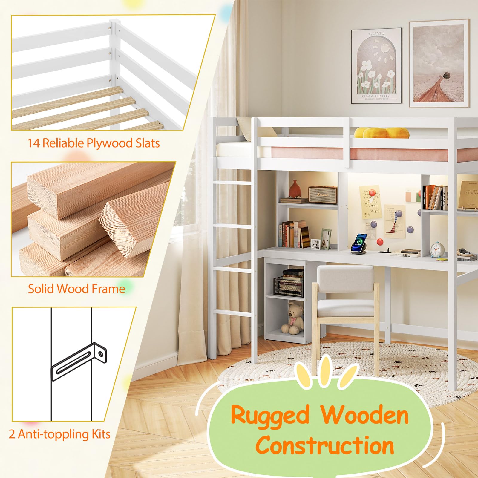 Giantex Twin Loft Bed with Desk and Hutch for Dorm Apartment