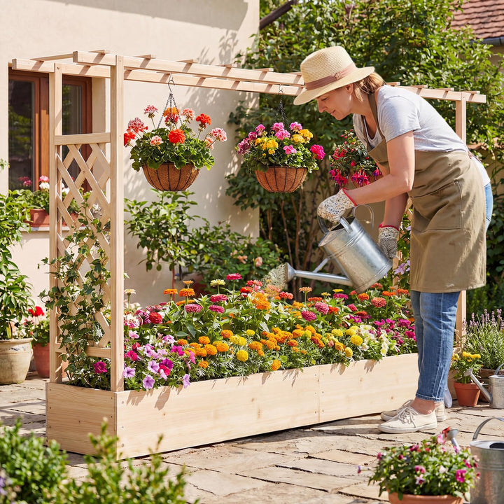 Giantex Wooden Raised Garden Bed with Trellis & Hanging Roof