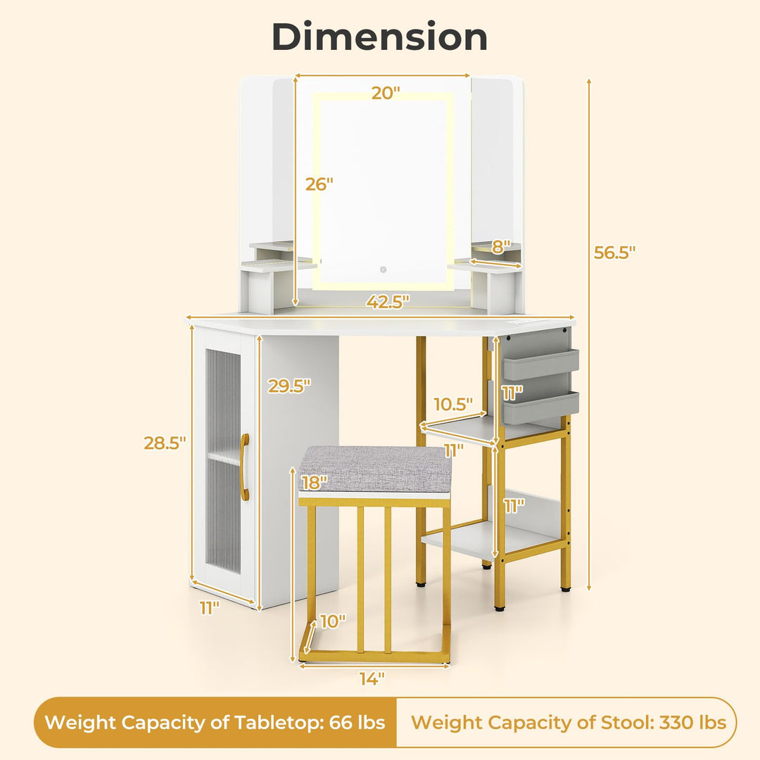 CHARMAID Corner Vanity Desk with Lighted Tri-Fold Mirror | Space Saving Dressing Table with Stool