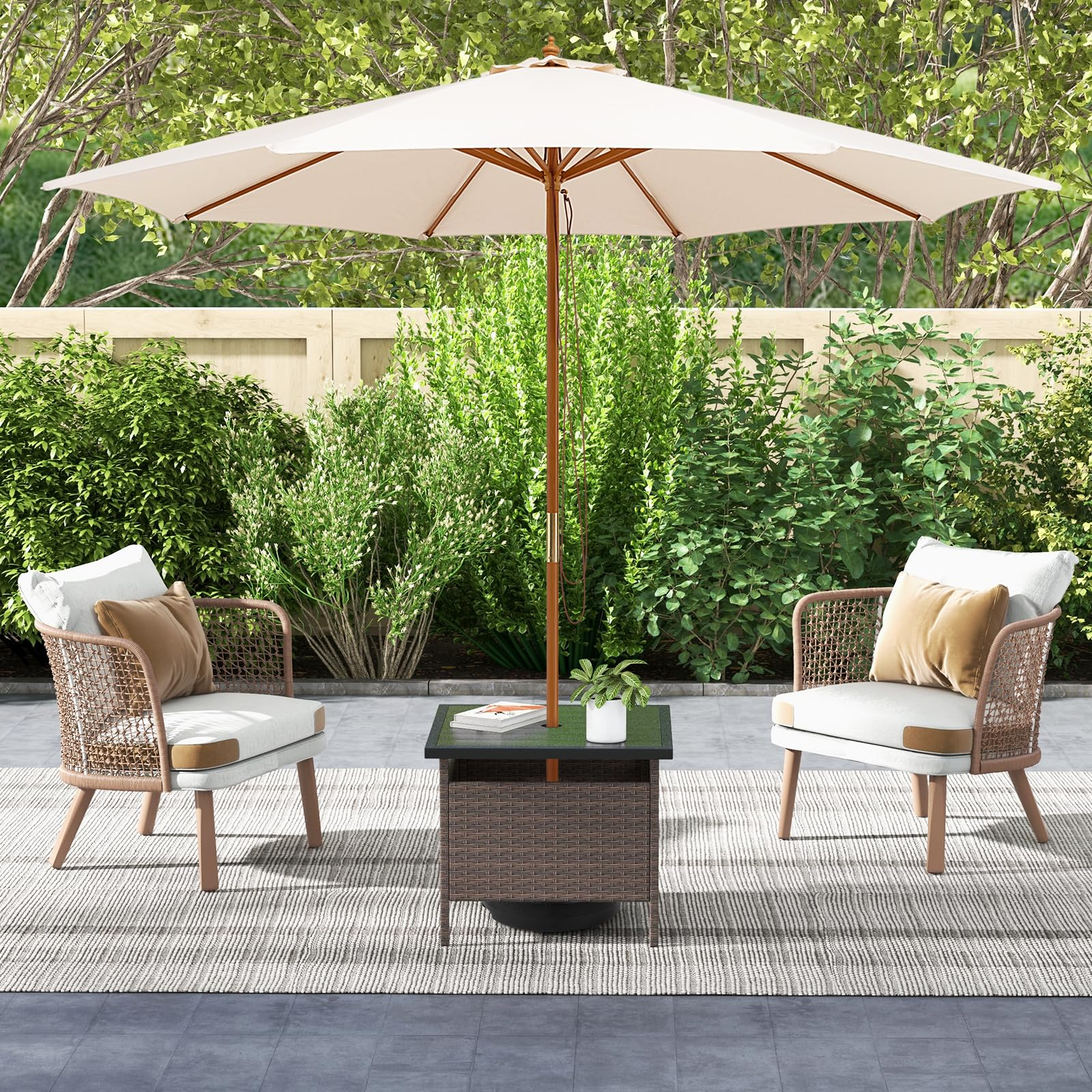 Giantex Umbrella Table, Outdoor Side Table with 2" Umbrella Hole, Rattan Umbrella Stand Holder Table