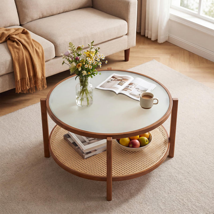 Giantex 35" Rattan Farmhouse Glass Center Table with Storage