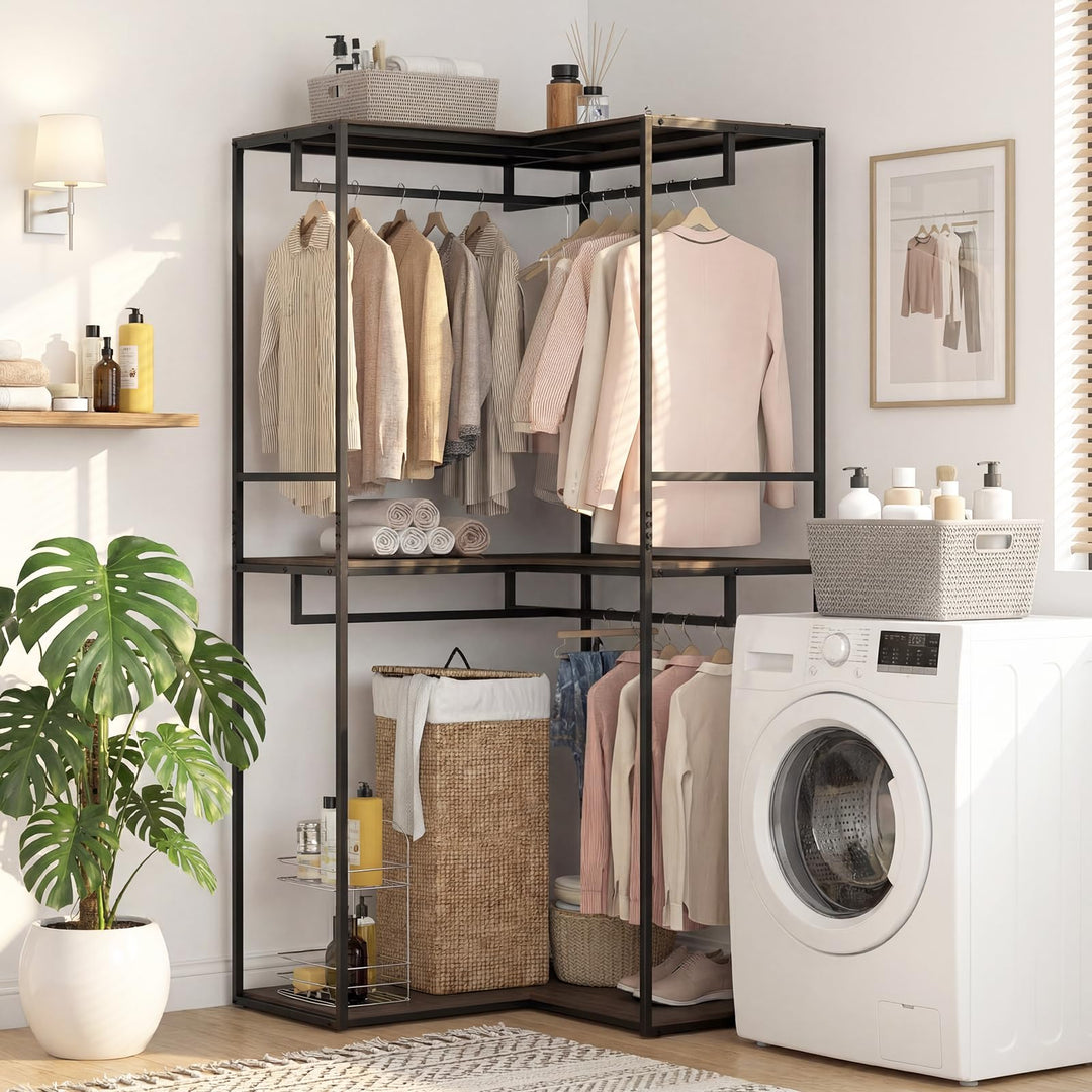 Giantex Heavy Duty Clothes Rack | 3-Tier L-Shaped Garment Rack w/3 Open Shelves &amp; 2 Hanging Racks