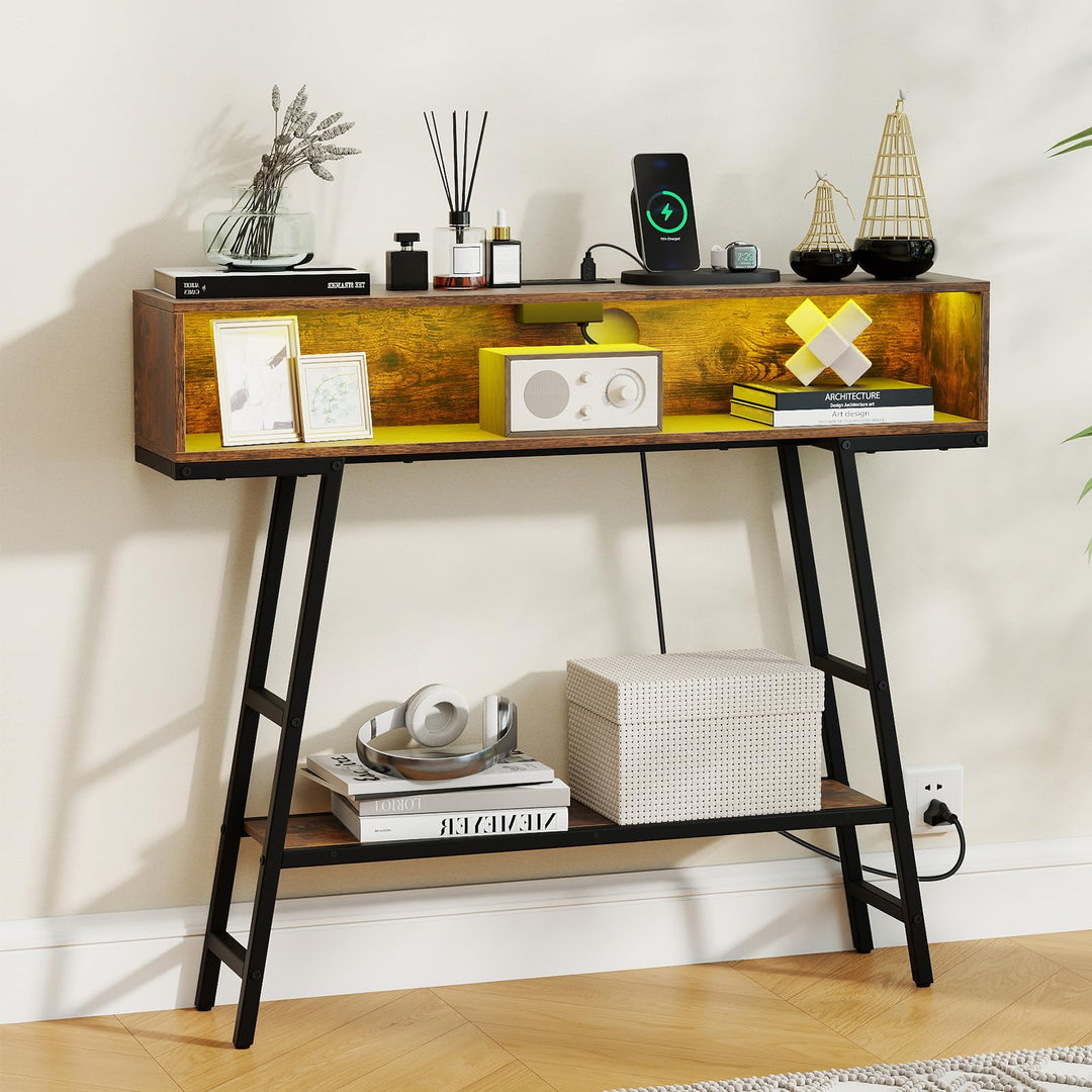Giantex Console Table with Charging Station & LED Lights