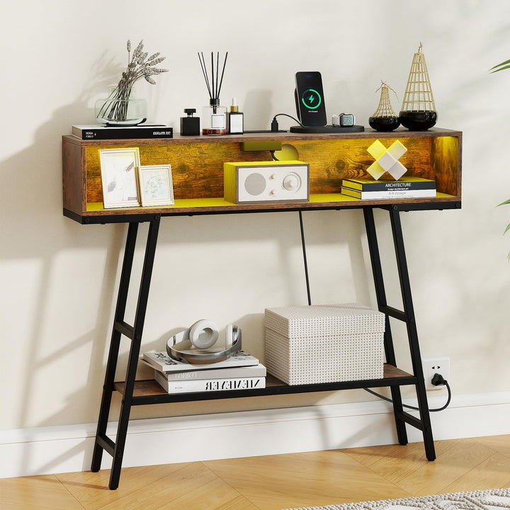 Giantex Console Table with Charging Station & LED Lights