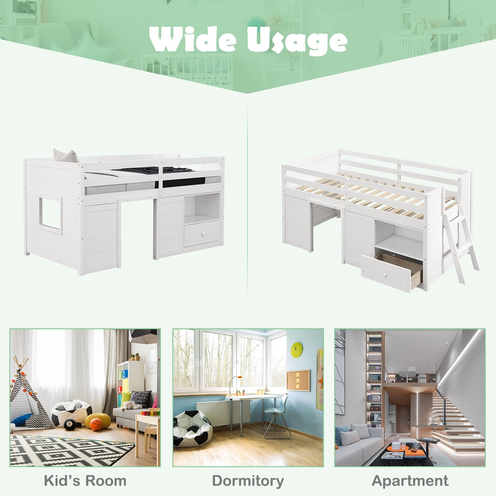 Giantex Twin Low Loft Bed with Storage, Solid Wood House Loft Bed with Drawer & Activity Center, White