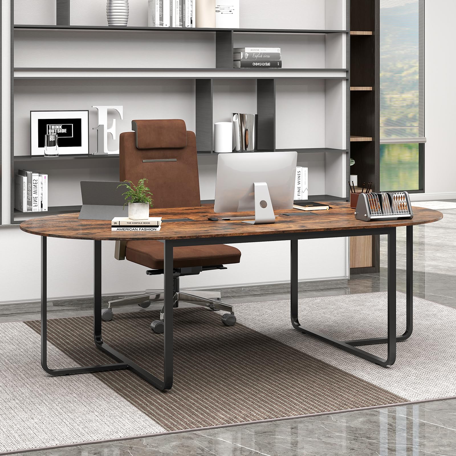 Giantex Large Oval Meeting Table for 10 to 12 People with Dual Cable Holes and Metal Legs
