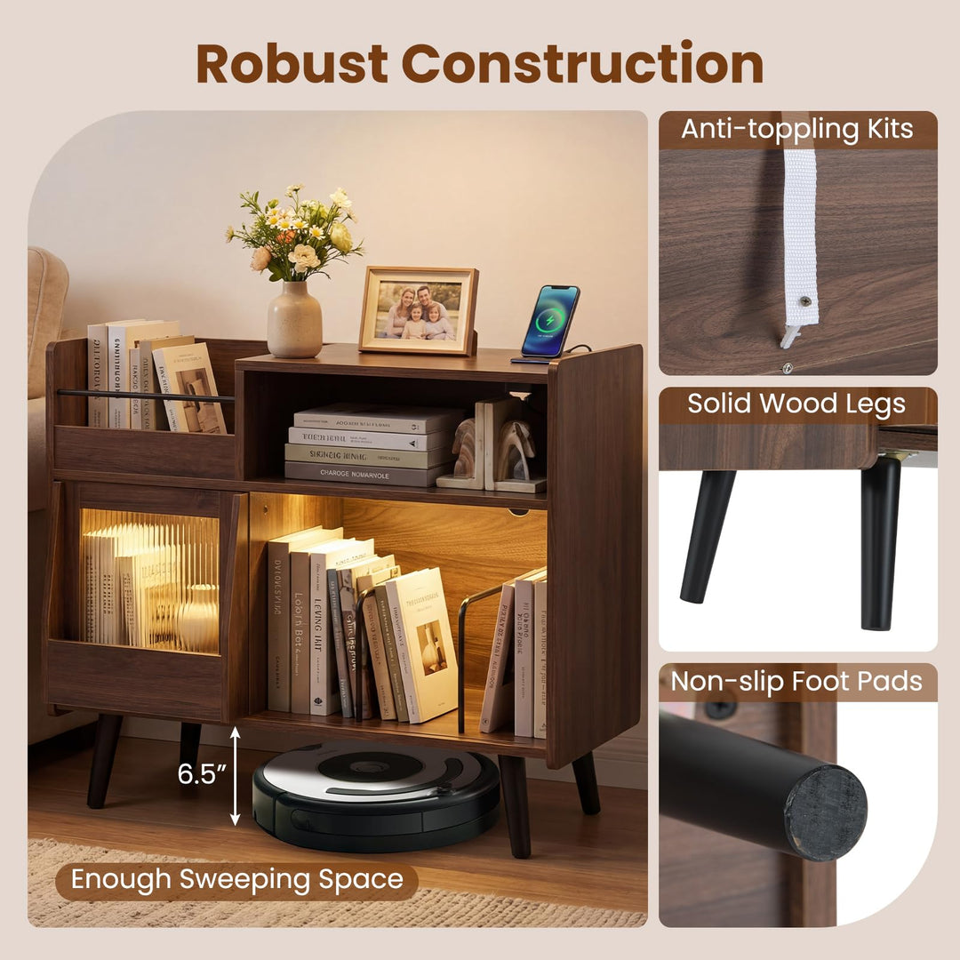Giantex Record Player Stand with LED Light and Power Outlets Large Turntable Stand with Sliding Door