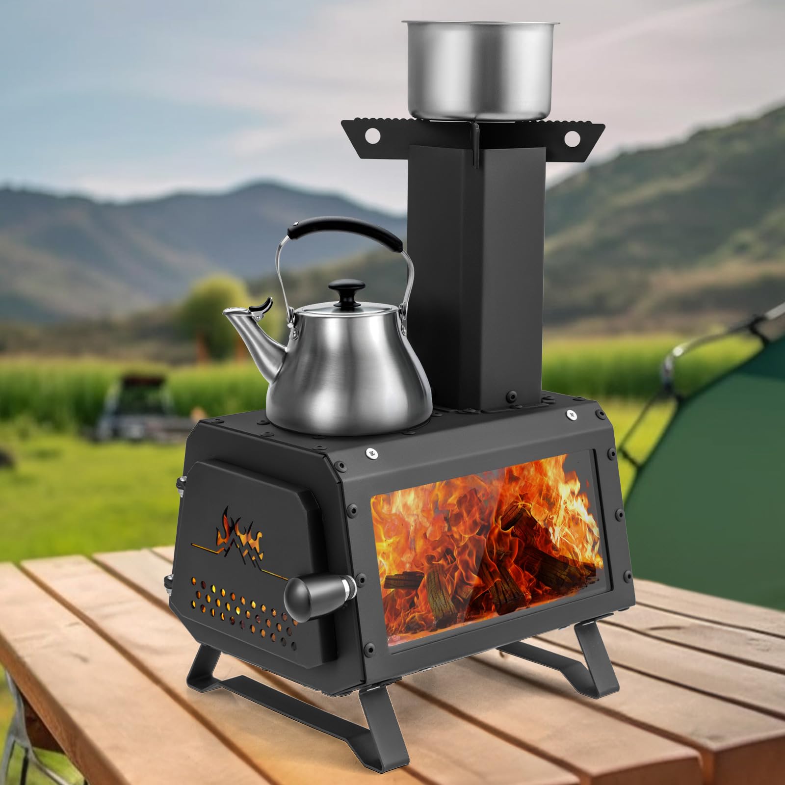 下架 - Giantex Portable Camping Wood Stove - Mini Wood Burning Stove w/ 2 Cooking Positions