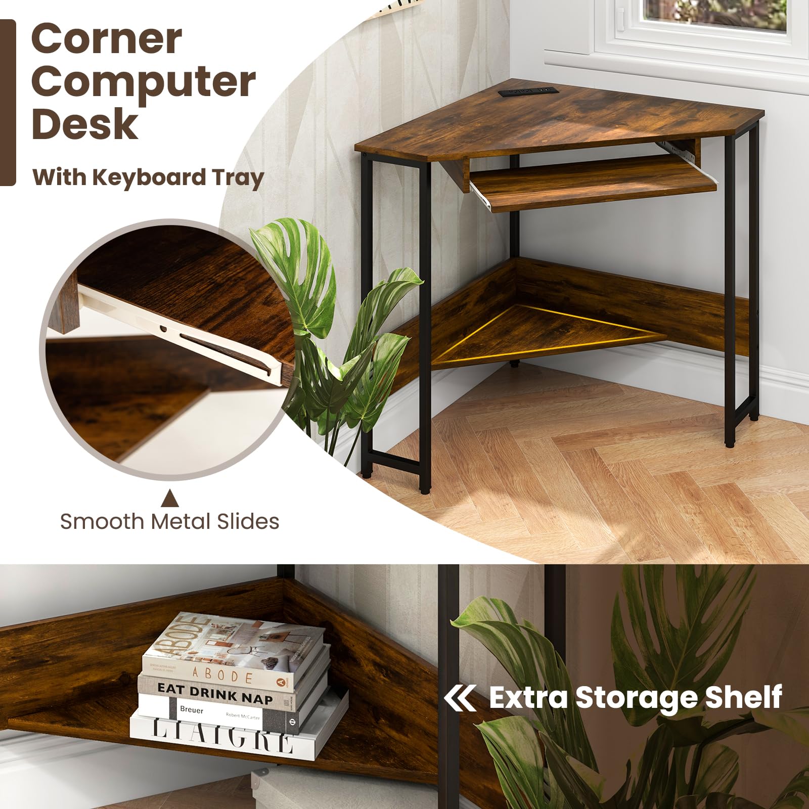 Giantex Corner Desk with Power Outlets, Small Corner Computer Desk w/ Keyboard Tray & Storage Shelf