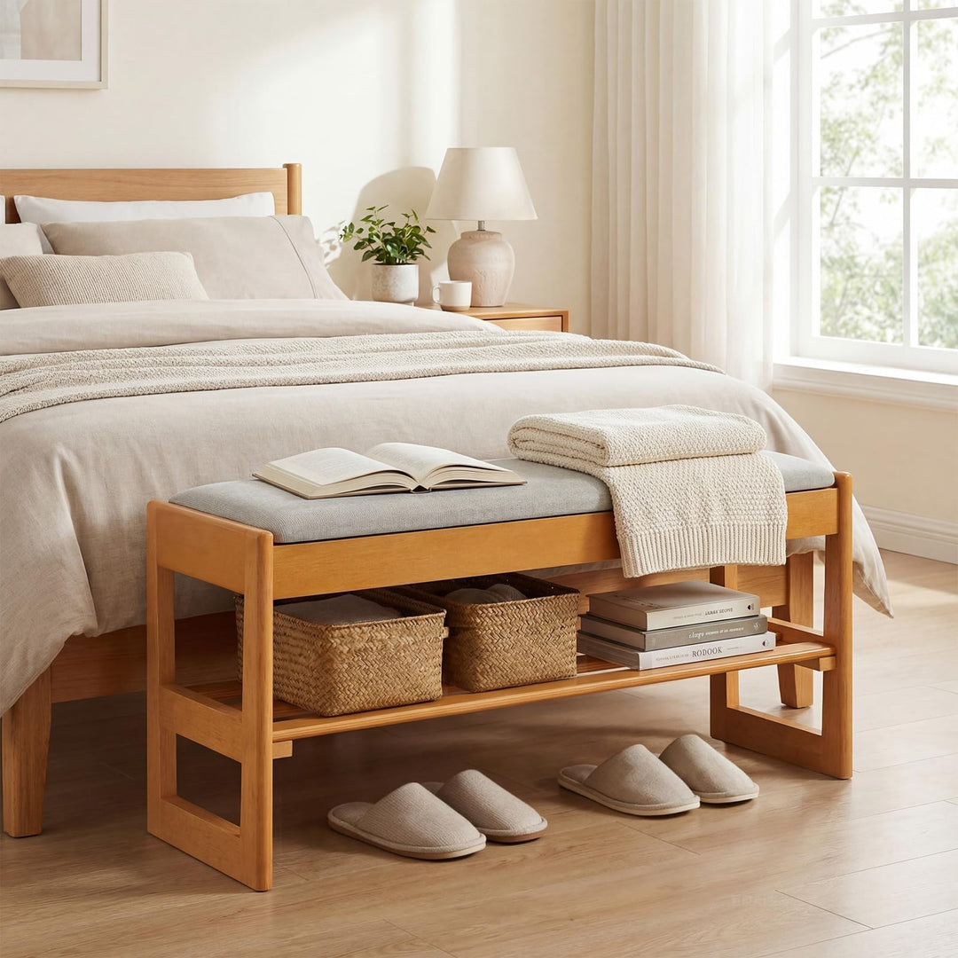 Giantex Rubberwood  Shoe Rack Bench with Linen Seat Cushion