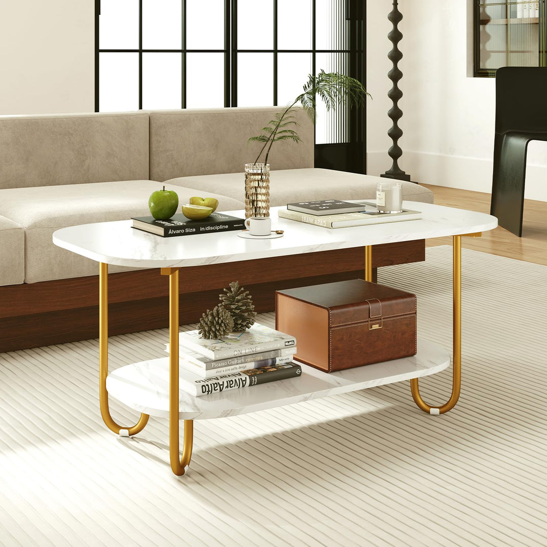 Giantex 2 Tier Coffee Table with Storage Modern Faux Marble Center Table