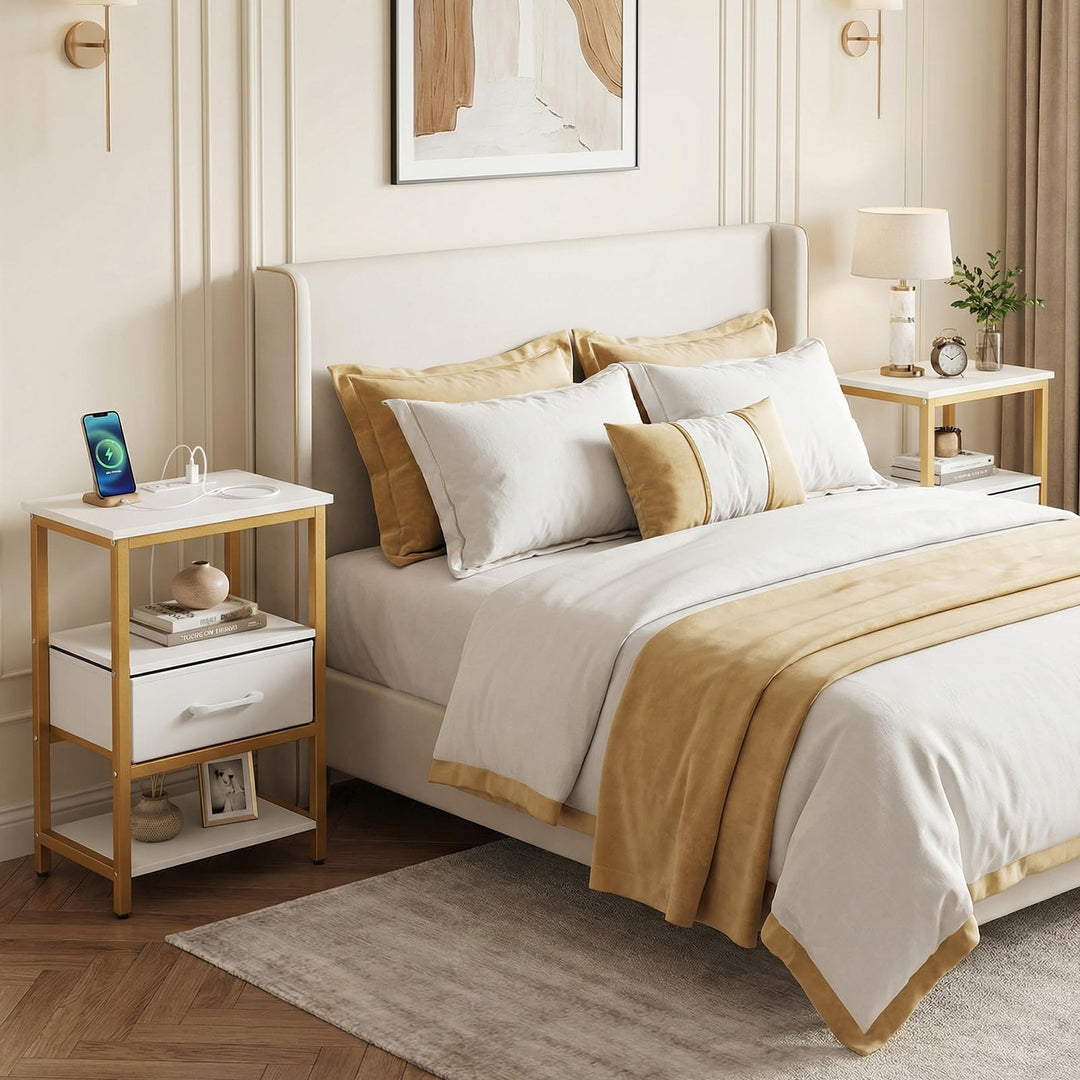 Giantex Nightstand with Charging Station and Adjustable Fabric Drawer for Bedroom and Living Room
