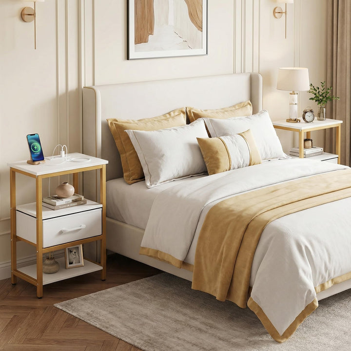 Giantex Nightstand with Charging Station and Adjustable Fabric Drawer for Bedroom and Living Room