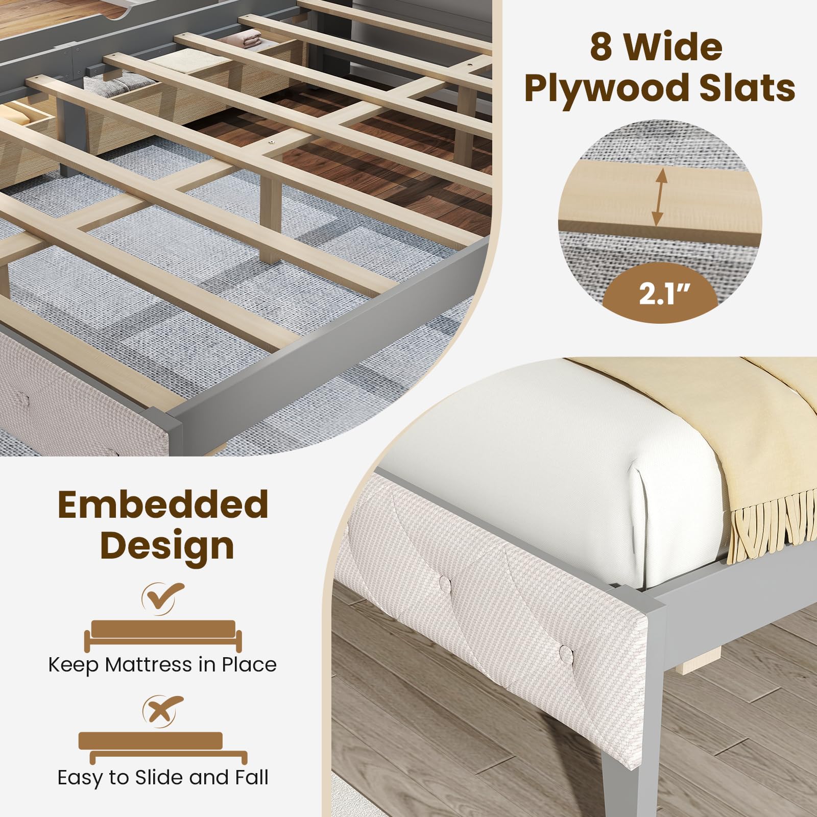 Giantex Gray Full Size Bed Frame with Upholstered Bookcase Headboard
