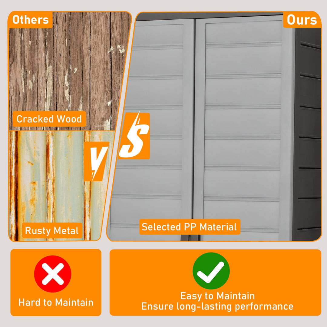 68" Lockable Storage Cabinet, PP Garage Storage Shed with Doors, 3 Adjustable Shelves