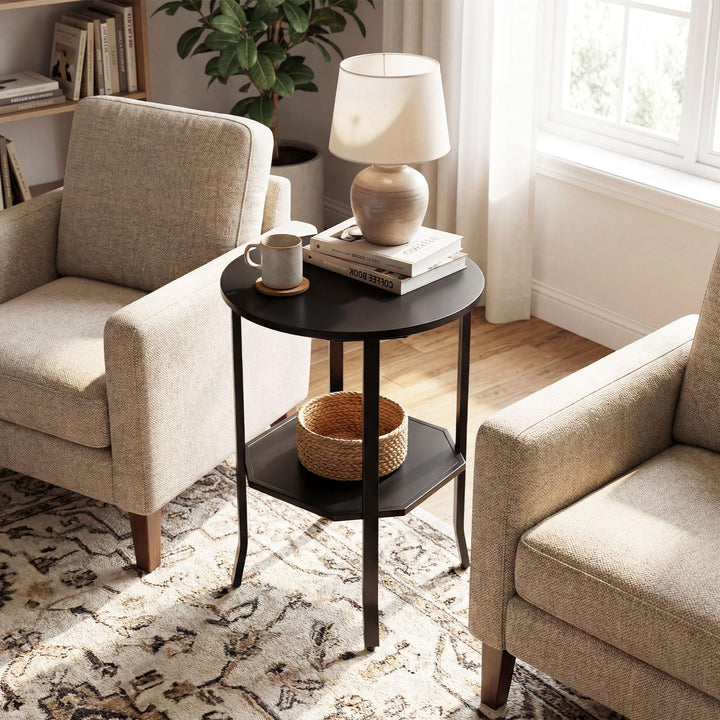 Giantex 2-Tier Round Small Sofa Couch End Table with Storage Shelf &amp; Steel Frame