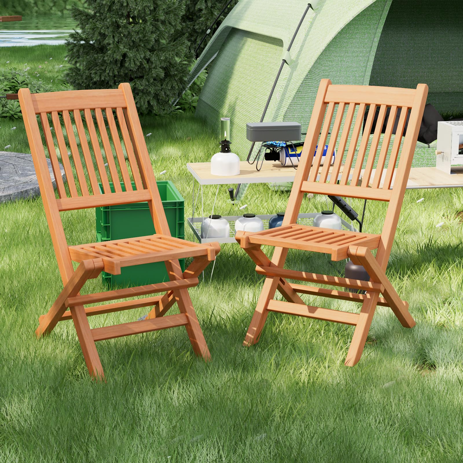 Giantex Patio Folding Chairs, Solid Teak Wood Outdoor Chairs with Slatted Seat & Back