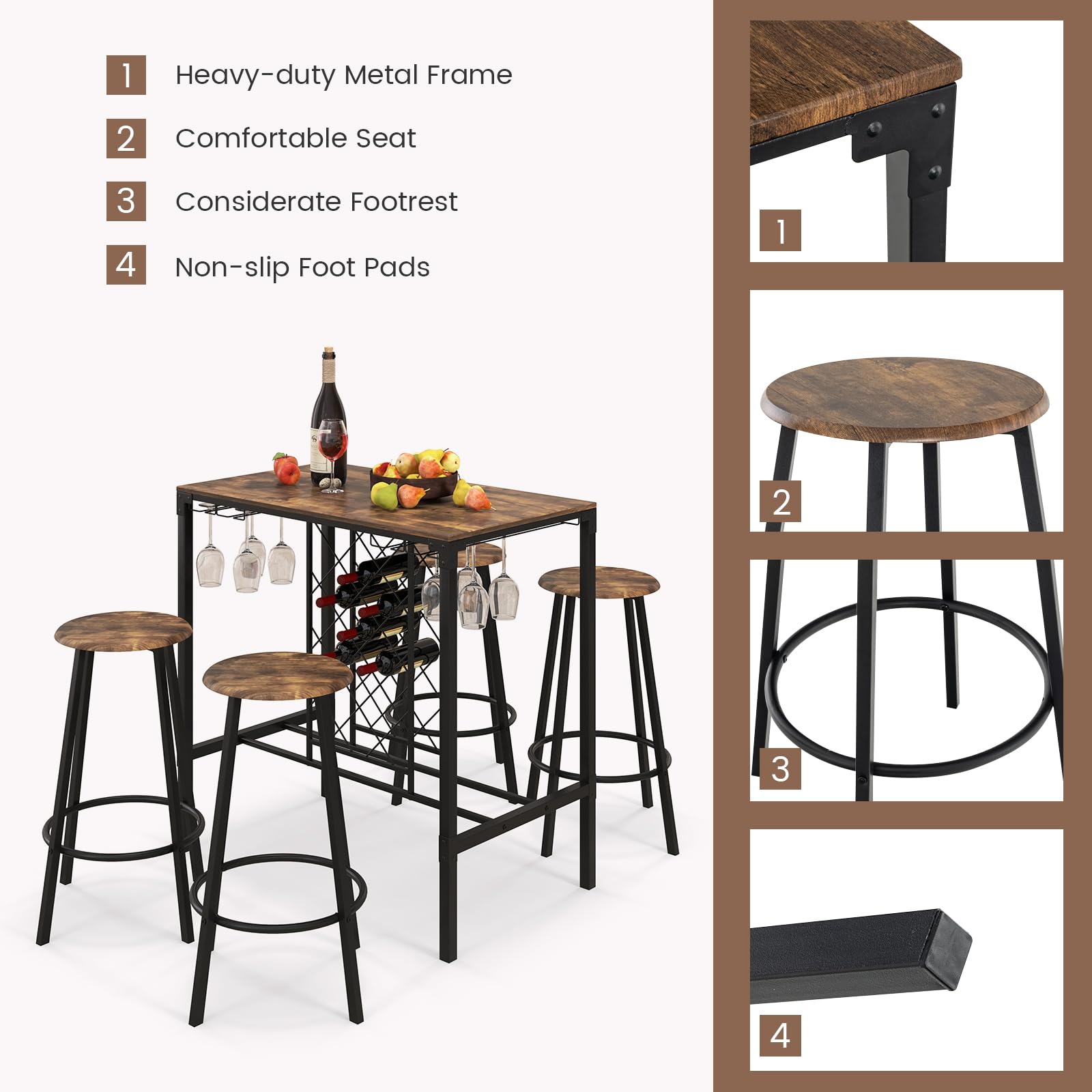 Giantex 5 Pieces Bar Table and Stools Set - Bar Height Table with Stools for 4, Kitchen Table Set with Wine Rack & Glass Holder