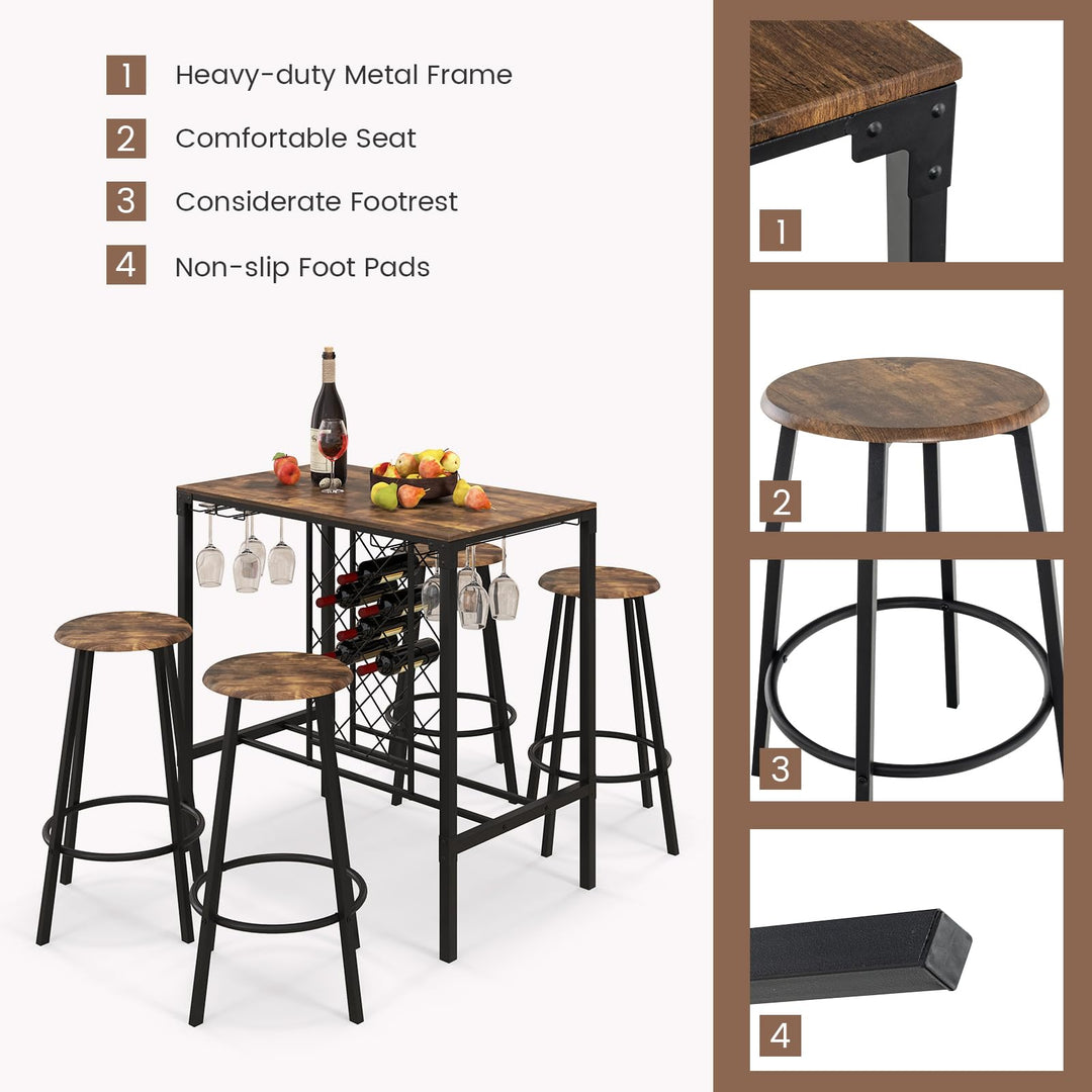 Giantex 5 Pieces Bar Table and Stools Set - Bar Height Table with Stools for 4, Kitchen Table Set with Wine Rack & Glass Holder
