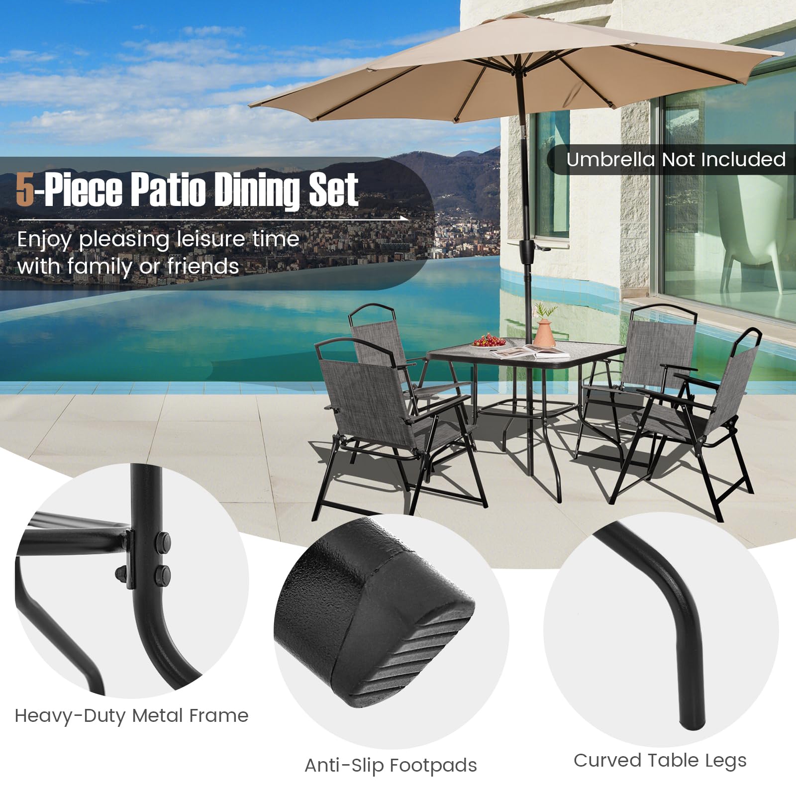 Giantex 4 Pieces Patio Dining Set, Outdoor Dining Table Set with 4 Folding Chairs (Gray)