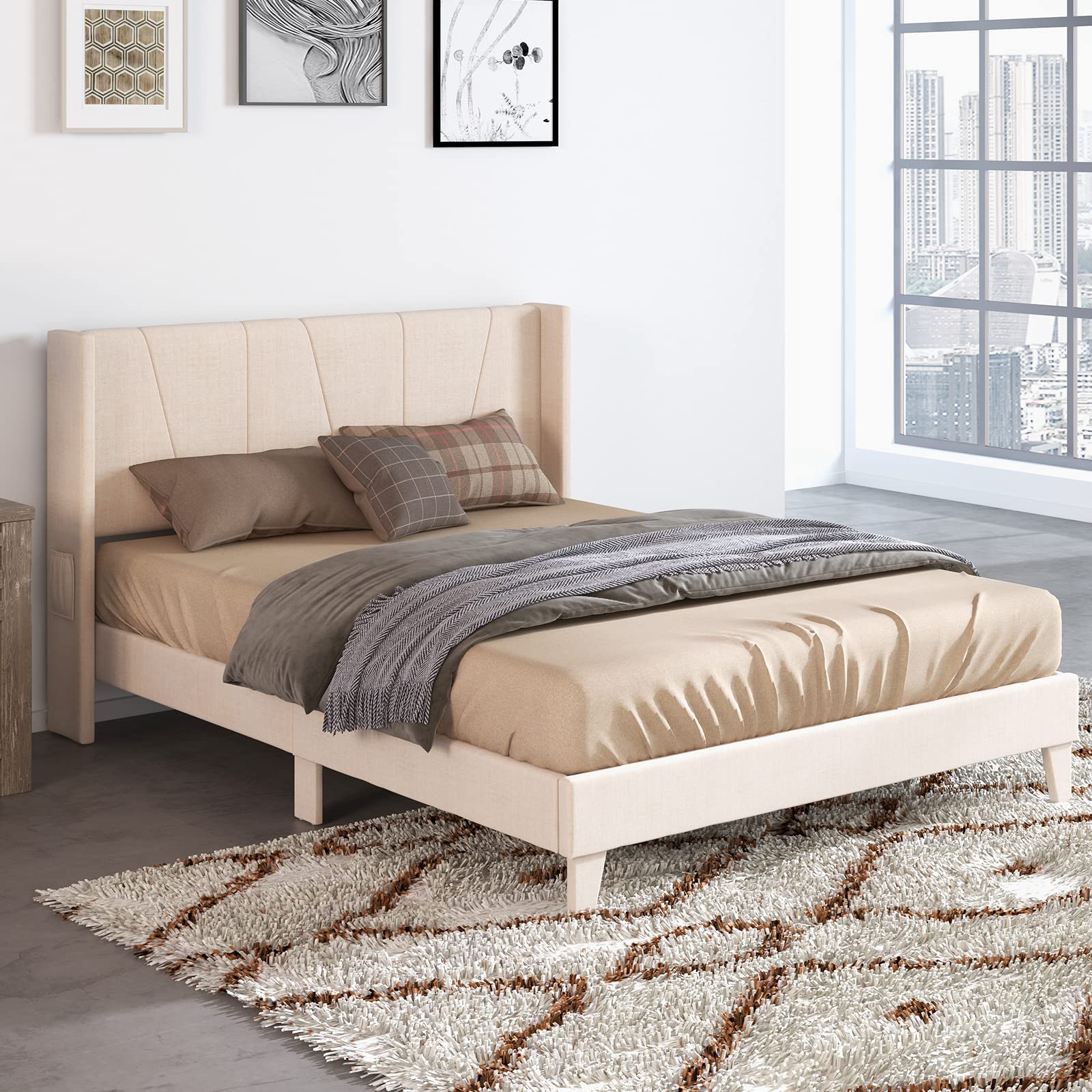 Giantex Queen/Full Bed Frame with Geometric Wingback Headboard, Modern Beige Bed