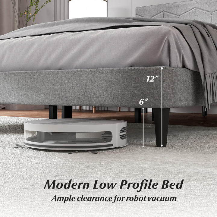 Giantex Upholstered Bed Frame Modern Platform Bed with Linen Fabric Geometric Headboard