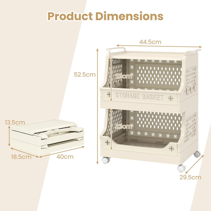 Giantex 3-Tier Rolling Laundry Cart with Wheels Folding Laundry Basket w/Handles & Hooks