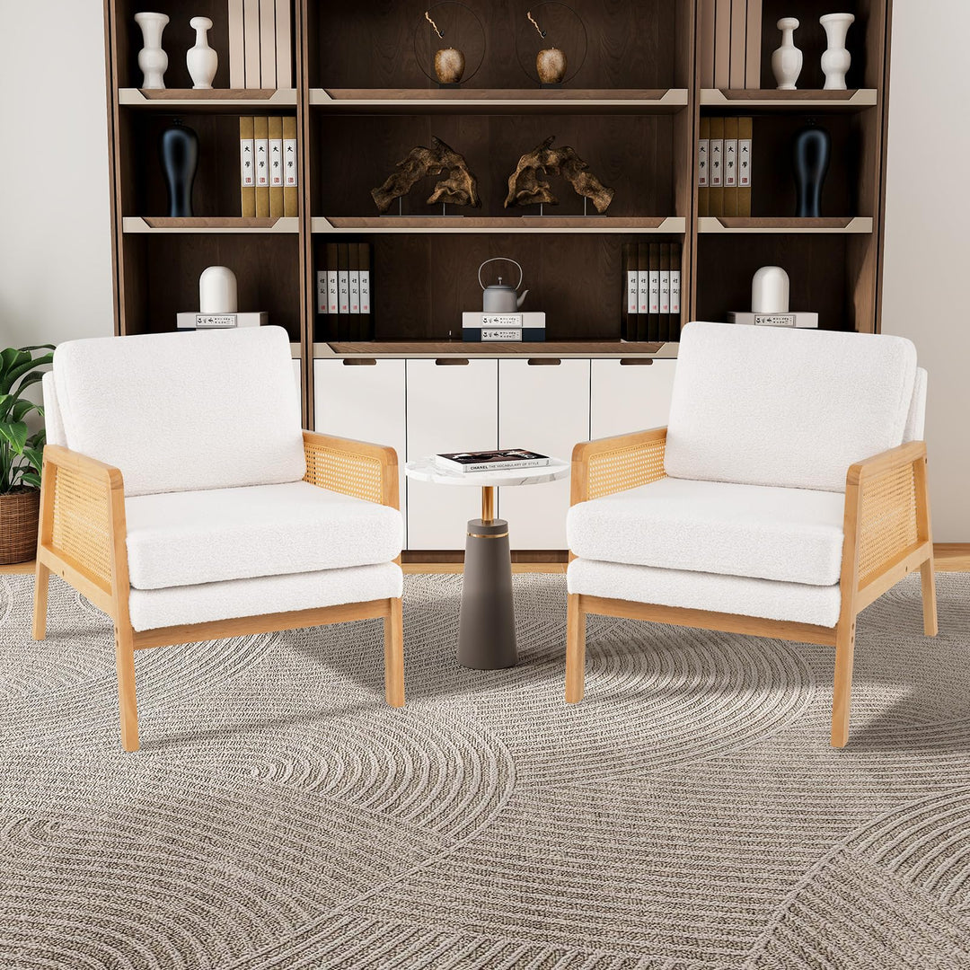 Giantex Mid Century Modern Accent Chair, Boho Boucle Living Room Arm Chair w/Rattan Arms