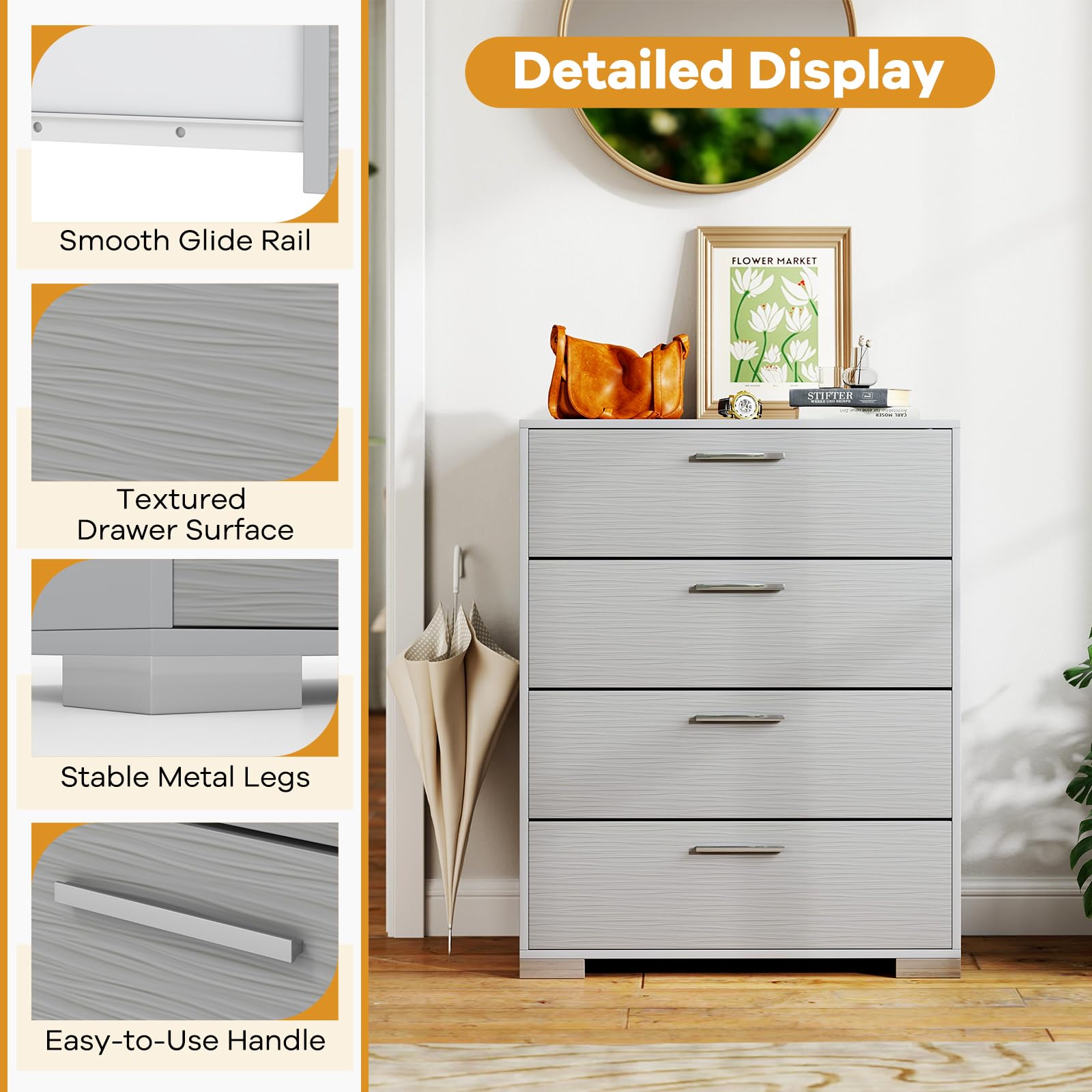 Giantex Storage Cabinet with 4 Drawers, Metal Legs & Handles, Anti-Toppling Devices, Tall Cabinet