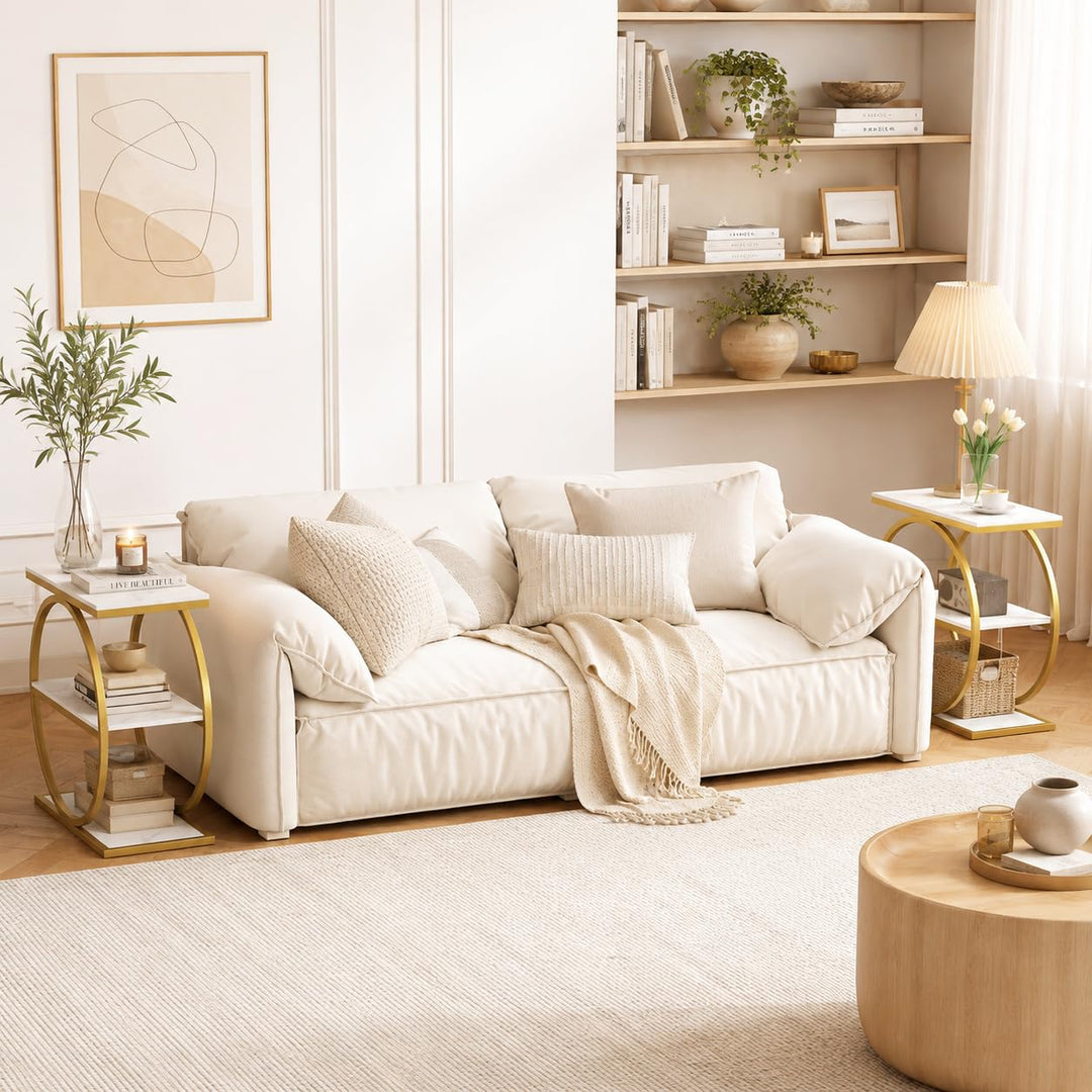 GIANTEX 3-Tier Faux Marble Narrow End Table with Storage &amp; Gold Geometric Metal Frame (1/2)
