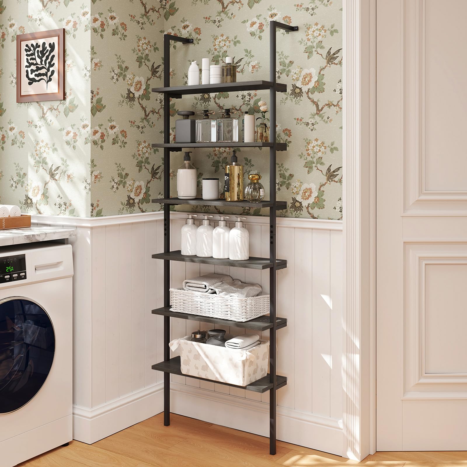 Giantex 6-Tier Ladder Shelf, 72" Wall Mounted Bookshelf with Metal Frame, Industrial Open Storage Shelves