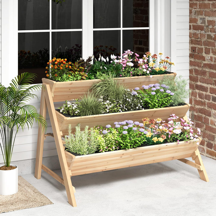Giantex 3-Tier Raised Garden Bed, Wooden Vertical Planter Box with Storage Shelf