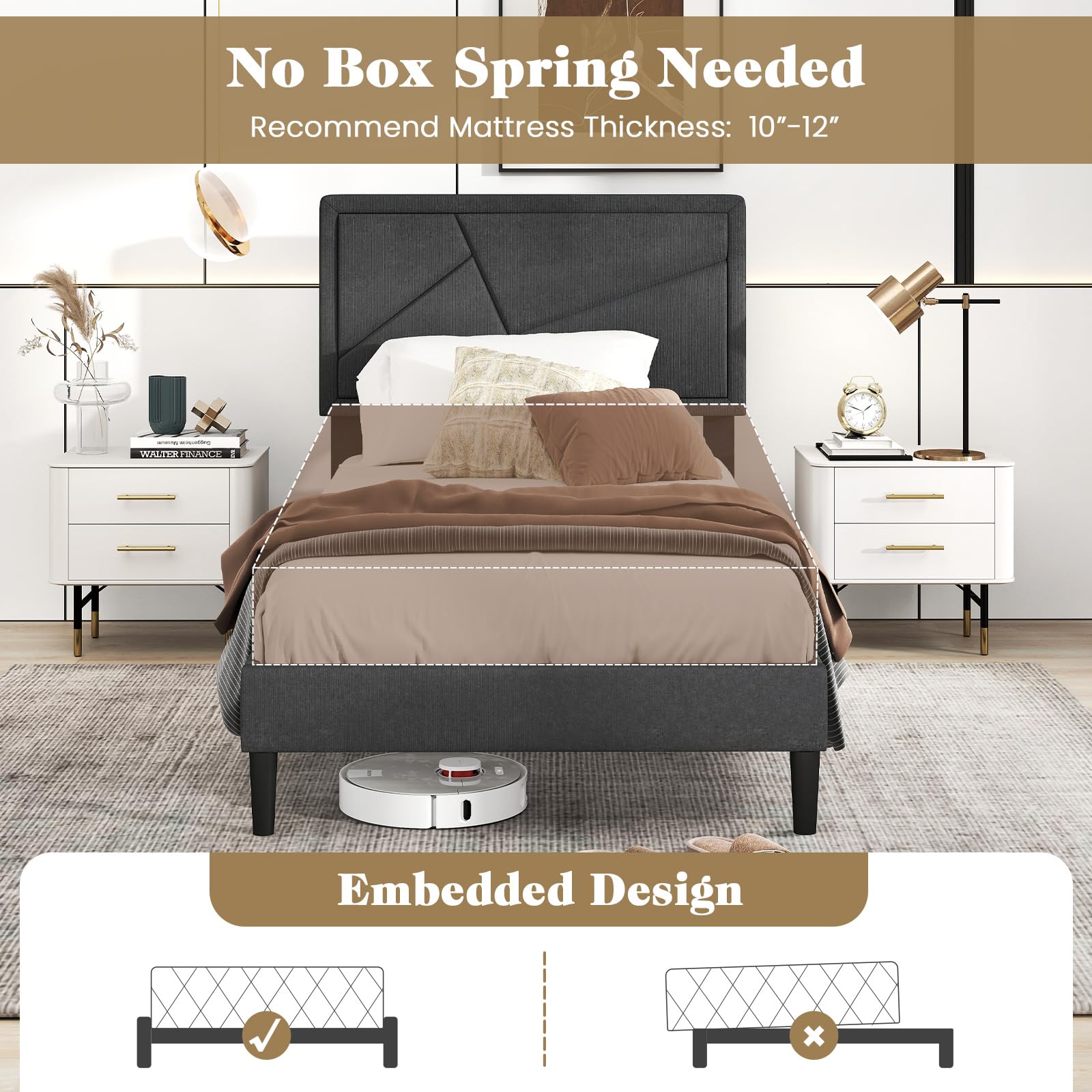 Modern Upholstered Platform Bed Frame with Geometric Tufting Headboard