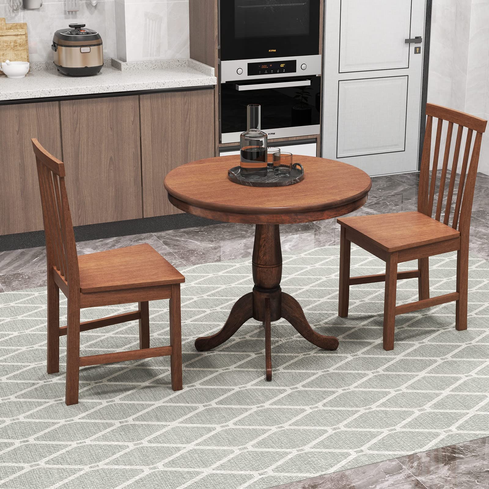 3-Piece Kitchen Table Set, Mid-Century Round Dining Table & Chairs Set for 2, Walnut