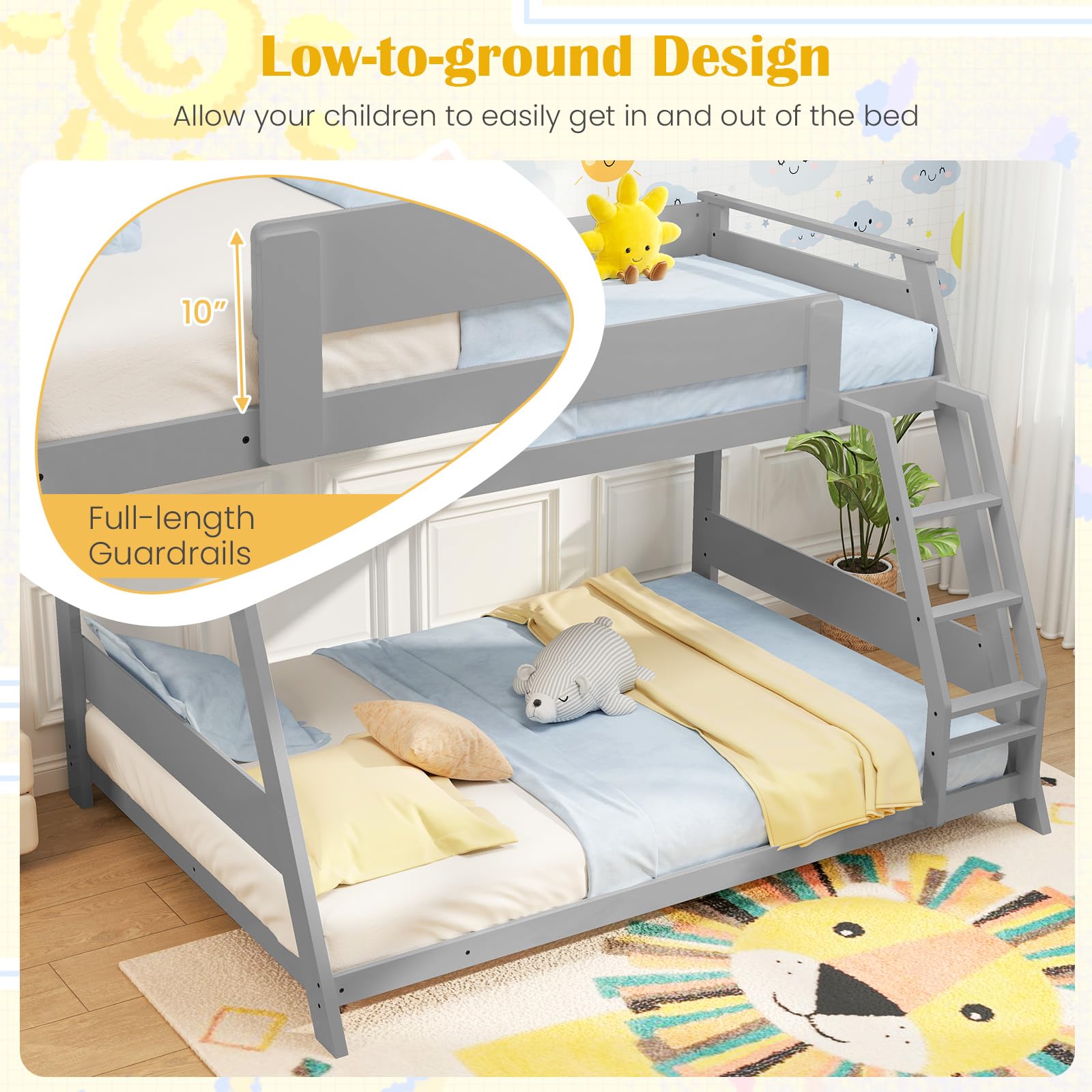 Giantex Wood Bunk Beds Twin Over Full Size, Solid Wood Floor Low Bunk Bed w/Removable Ladder