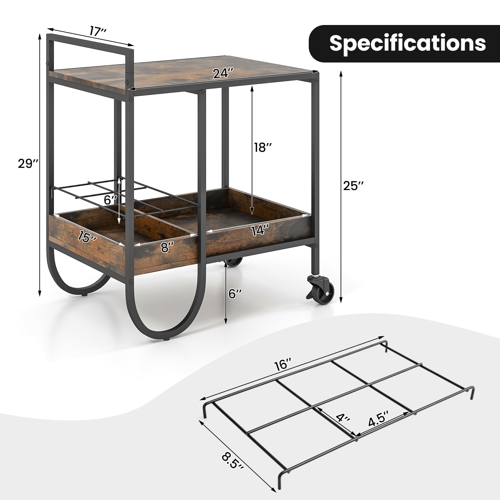 Giantex Bar Cart, 2-Tier Home Coffee Bar Serving Cart with Wine Rack for Wine Liquor Beverage Dinner Party